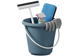 bucket with cleaning supplies and sponges