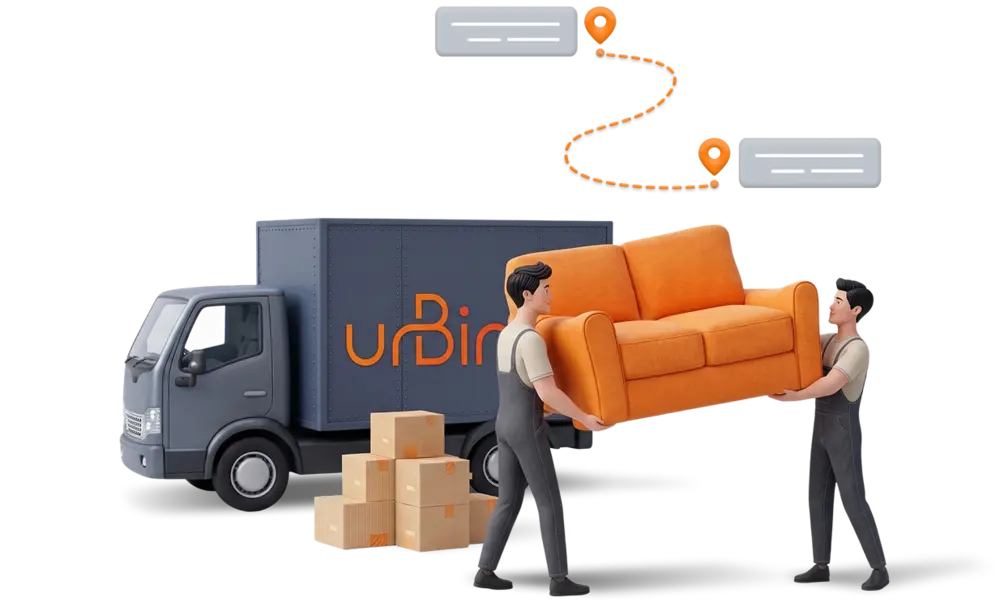 Smart moving illustration with urBin truck and movers carrying a couch
