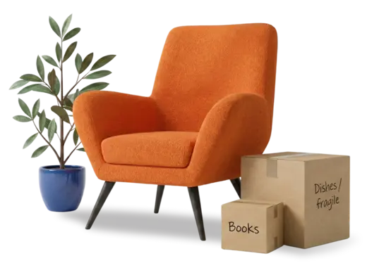Chair, plant, and boxes representing storage by item